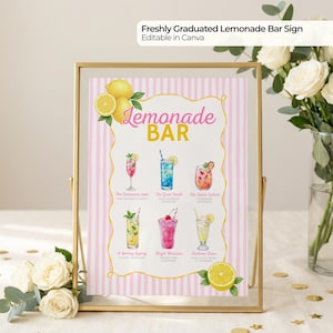 May include: A framed sign with a pink and white striped background, featuring the words "Lemonade Bar" in a decorative font. The sign showcases illustrations of various lemonade drinks. The frame is gold-colored.