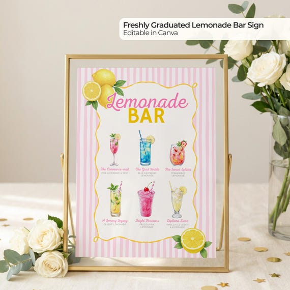 Freshly Graduated Lemonade Bar Sign, Graduation Party Lemonade Bar Menu, Editable Canva Template, 70 Drink Clipart, Lemon Grad Party