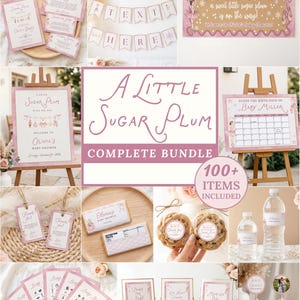 Op de afbeelding: Een babyshower decoratieset met een roze ballerina thema, inclusief teksten zoals A Little Sugar Plum is on the way, Welcome to Olivia's Baby Shower en Guess the Birth Date of Baby Miller op diverse borden, banners en labels.