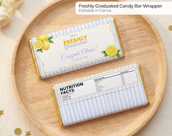 Envoltorio de caramelos para recién graduados, etiqueta para recuerdo de fiesta de graduación de limón azul, plantilla de Canva para envoltorio de barra Hershey, decoración de graduación de limonada