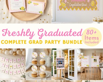 Freshly Graduated Bundle, Pink Lemon Grad Party Set, Lemonade Graduation Decor with Banner, Favors, Senior Photo Board, Lemonade Bar Sign