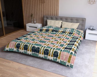 Pink, Teal, Green, Indigo IKAT Mirrored Duvet | Abstract Modern Art Bedding | Ink Blot Minimalist Neutrals Boho Bedding | Stripes Dots