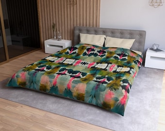 Pink, Teal, Green, Indigo IKAT Mirrored Duvet | Abstract Modern Art Bedding | Ink Blot Minimalist Neutrals Boho Bedding | Stripes Dots