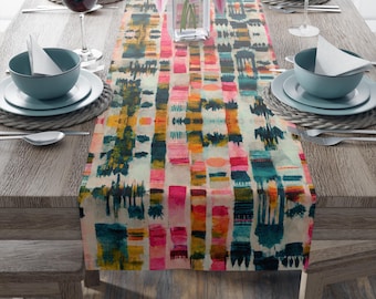Botanical Watercolor Table Runner: Teal, Tan, Pink Boho Decor