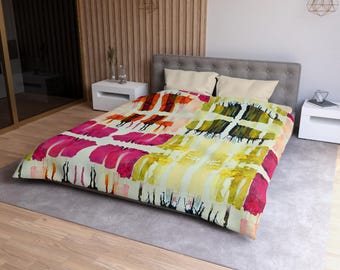 Pink, Teal, Green, Indigo IKAT Mirrored Duvet | Abstract Modern Art Bedding | Ink Blot Minimalist Abstract Boho Bedding | Watercolor