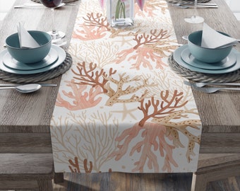 Neutrale koraal tafelloper, botanisch Boho aquarel decor, rood, oranje strand tafelloper, modern eigentijds decor - Linsley
