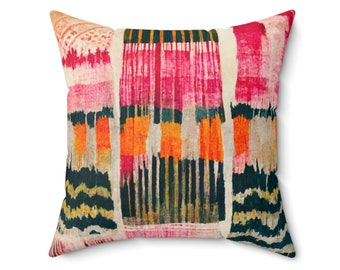 Decorative Throw Pillow Watercolor Ikat Abstract Modern Art Painted Print Boho Lumbar Pillow Indigo Hot Pink Gold White Red Green - Nora