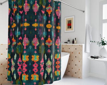 Boho Ikat Shower Curtain: Watercolor Ink Blot, Modern Textile