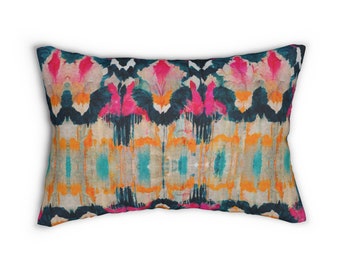 Decorative Lumbar Pillow Watercolor Blockprint Indigo Cream Stripe, Neutrals Abstract Modern Art Boho Pillow - Monica