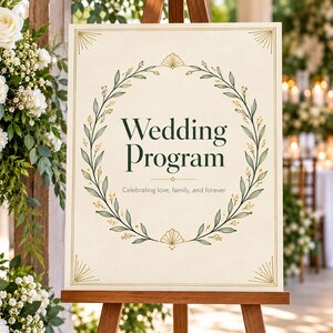 Könnte beinhalten: Ein rechteckiges Hochzeitsprogramm-Schild auf einer Holzstaffelei mit cremefarbenem Hintergrund, einem grünen Blattkranz, goldenen geometrischen Eckakzenten und dem Text "Wedding Program" sowie "Celebrating love, family, and forever."