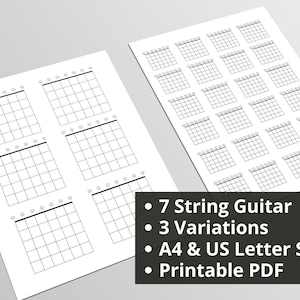 Könnte beinhalten: Druckbare 7-saitige Gitarren-Griffbrettdiagramme in drei Variationen. Die Diagramme sind für A4- und US-Letter-Papier ausgelegt.