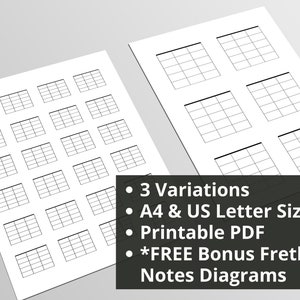 Puede incluir: Dos páginas PDF imprimibles de diagramas de diapasón de guitarra. La primera página tiene 20 diagramas de diapasón, la segunda página tiene 4 diagramas de diapasón. El texto en la página dice: "3 Variations, A4 & US Letter Size, Printable PDF, *FREE Bonus Fretboard Notes Diagrams."