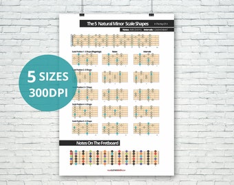 Guitar Natural Minor Scale (Aeolian) 5 Shapes Chart Guitar Poster + Fretboard Notes Diagram | Printable Music Reference | Music Art Prints