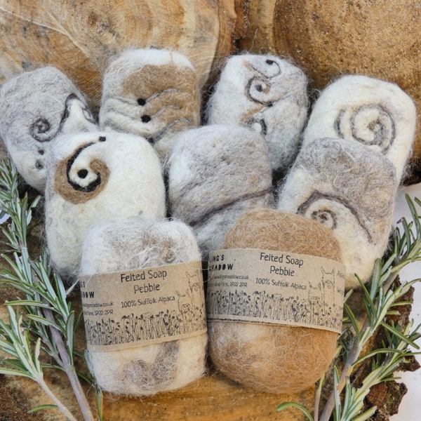 Handmade Felted Soaps. Wrapped in alpaca fibre from our own herd, and using ethical handmade soap. Plastic free, no dyes. All Natural & Eco