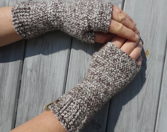 Wrist warmers hand crochet in soft brown and white mottled alpaca