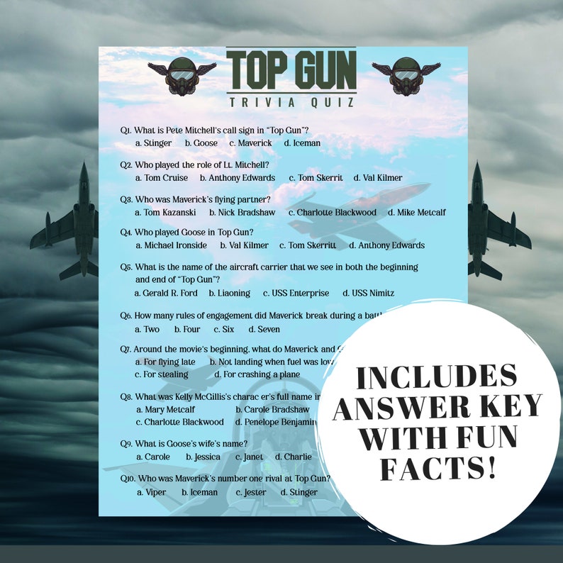 Top Gun Movie Trivia Quiz W/ Answers Printable Trivia Game, Top Gun