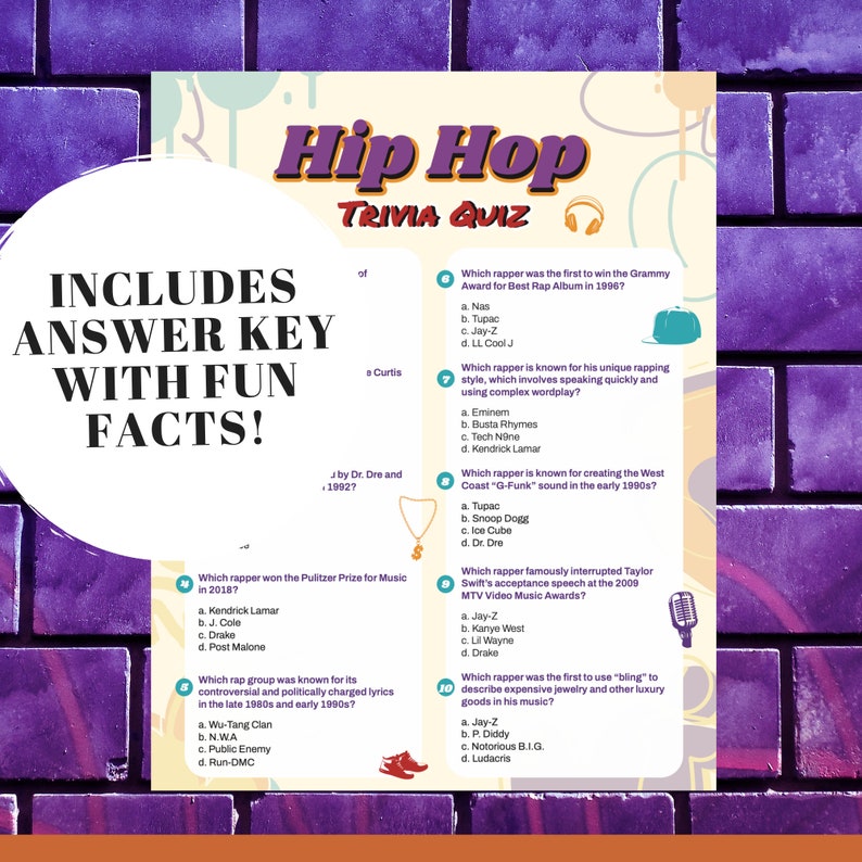 Hip Hop Music Trivia Quiz W/ Answers Printable Trivia Game, Hip Hop