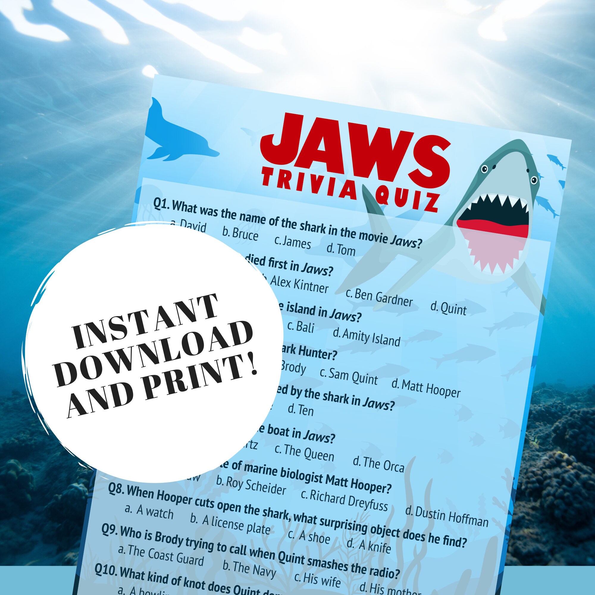 Jaws Movie Trivia Quiz W/ Answers Printable Trivia Game, Jaws Party Game, Jaws Movie Game, Jaws