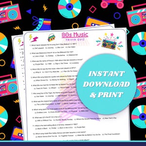 May include: A printable 80s music trivia quiz with 12 questions. The quiz is designed to test your knowledge of popular music from the 1980s. The questions cover a variety of topics, including hit songs, artists, albums, and music videos.