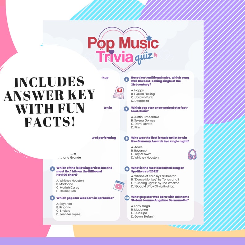 Pop Music Trivia Quiz W/ Answers Printable Trivia Game Pop Etsy
