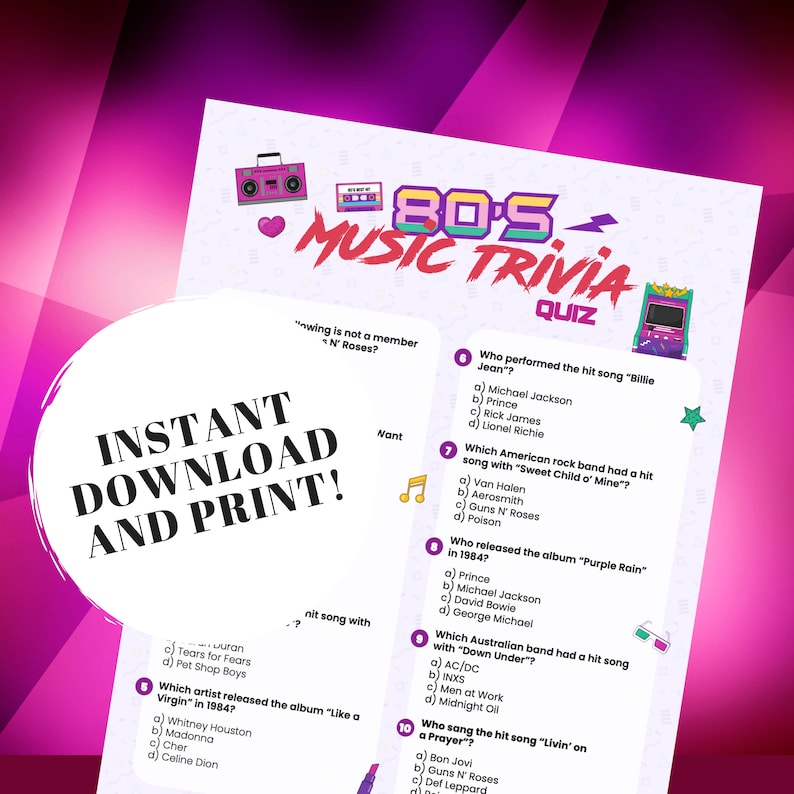 80s Music Trivia Quiz W/ Answers Printable Trivia Game, 80s Party Game
