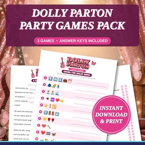 May include: A Dolly Parton party games pack featuring three printable game sheets with answer keys. The sheets include a Guess the Dolly Song game with emoji clues and a fill-in-the-blank story game. The text reads Dolly Parton Party Games Pack.