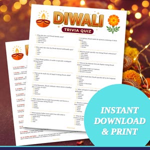 Könnte beinhalten: Ein gedrucktes Diwali-Quizblatt mit dem Titel DIWALI TRIVIA QUIZ, einer Grafik einer brennenden Diya-Lampe und einer orangefarbenen Ringelblume. Das Dokument enthält vierzehn Multiple-Choice-Fragen zum Fest sowie einen Antwortschlüssel.