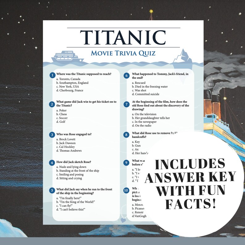 Titanic Movie Trivia Quiz W/ Answers Printable Trivia Game, Titanic
