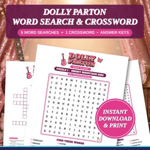May include: A printable Dolly Parton word search and crossword puzzle set featuring five word searches, one crossword, and answer keys. The pages include pink text, guitar illustrations, and butterfly graphics on a white background.