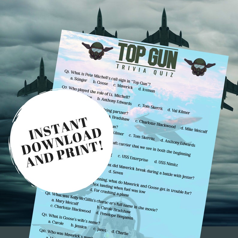 Top Gun Movie Trivia Quiz W/ Answers Printable Trivia Game, Top Gun