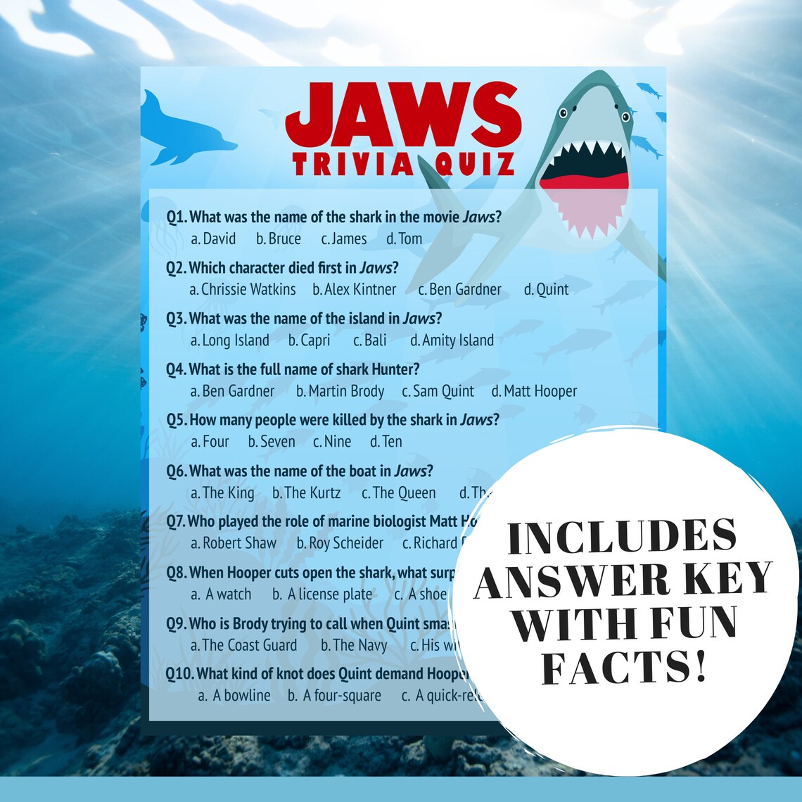 Jaws Movie Trivia Quiz W/ Answers Printable Trivia Game, Jaws Party Game, Jaws Movie Game, Jaws