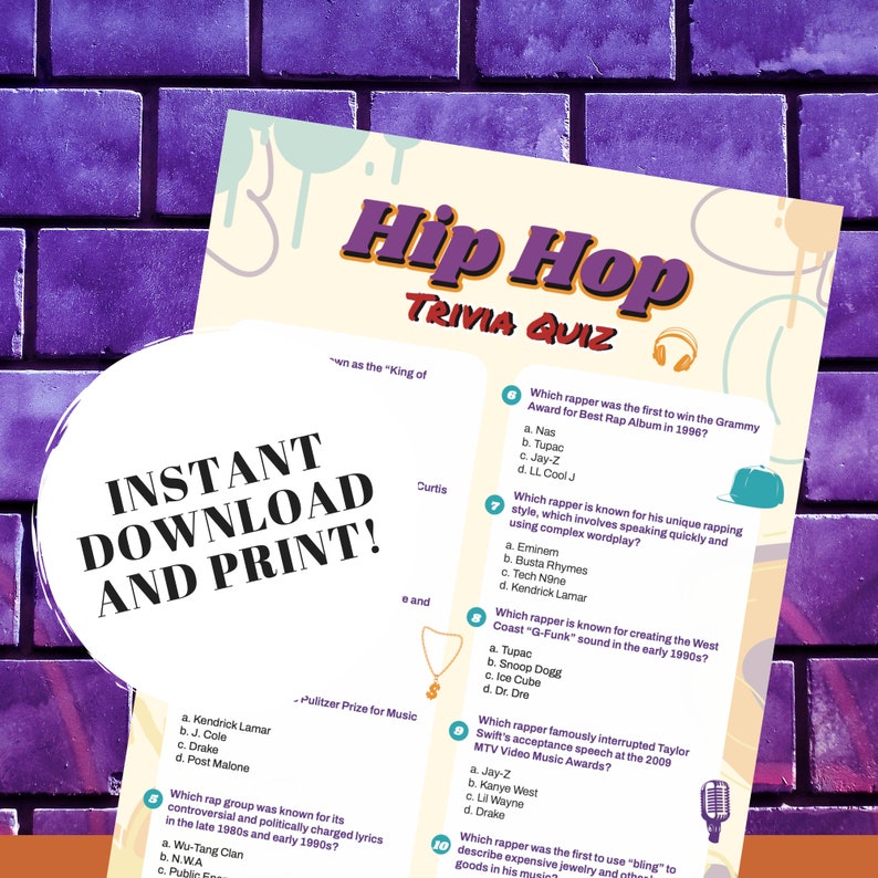 Hip Hop Music Trivia Quiz W/ Answers Printable Trivia Game, Hip Hop