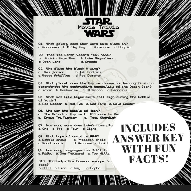 Star Wars Movie Trivia Quiz W/ Answers Printable Trivia Game, Star Wars ...