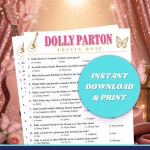 May include: A white paper trivia quiz sheet titled DOLLY PARTON TRIVIA QUIZ in pink and gold text. The sheet features eleven multiple-choice questions about Dolly Parton, gold guitar and butterfly illustrations, and a large teal circle overlay.