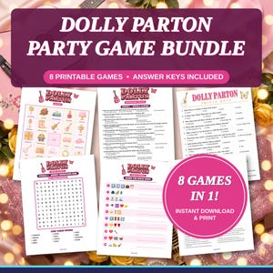 Peut inclure: Un ensemble de jeux de fête Dolly Parton comprenant 8 jeux imprimables avec corrigés. La collection inclut des jeux de bingo, trivia, mots mêlés et devinettes par émojis, imprimés sur papier blanc avec texte rose, guitares et papillons.
