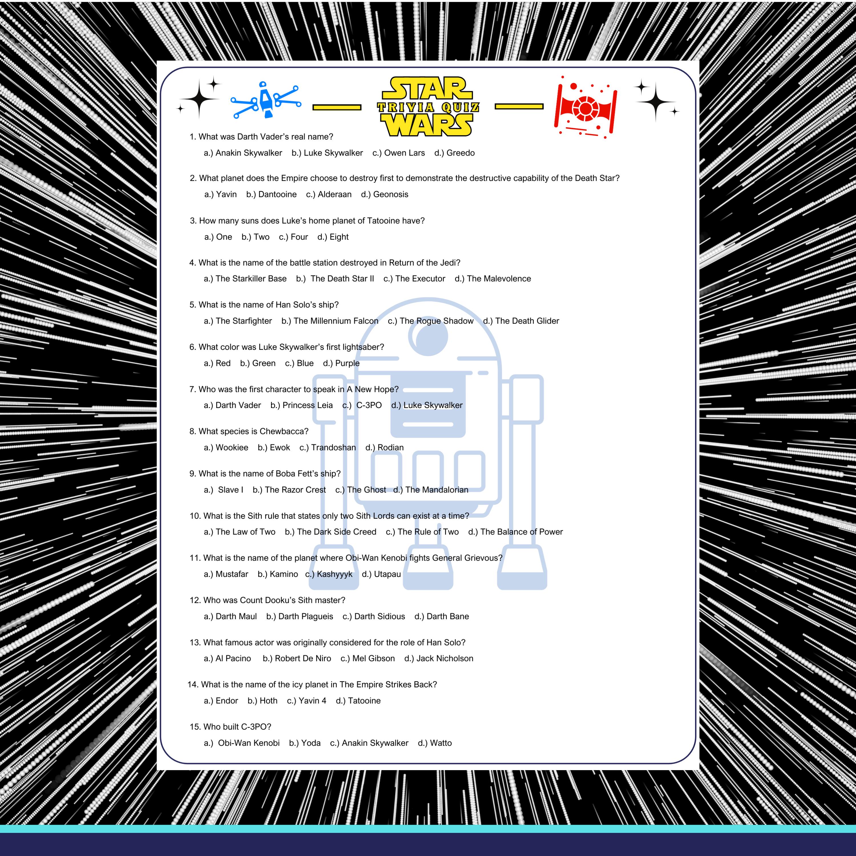 Cuestionario de la película Star Wars: 15 preguntas (PDF imprimible