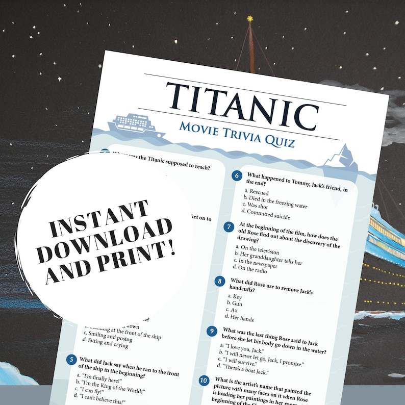 Titanic Movie Trivia Quiz W/ Answers Printable Trivia Game, Titanic