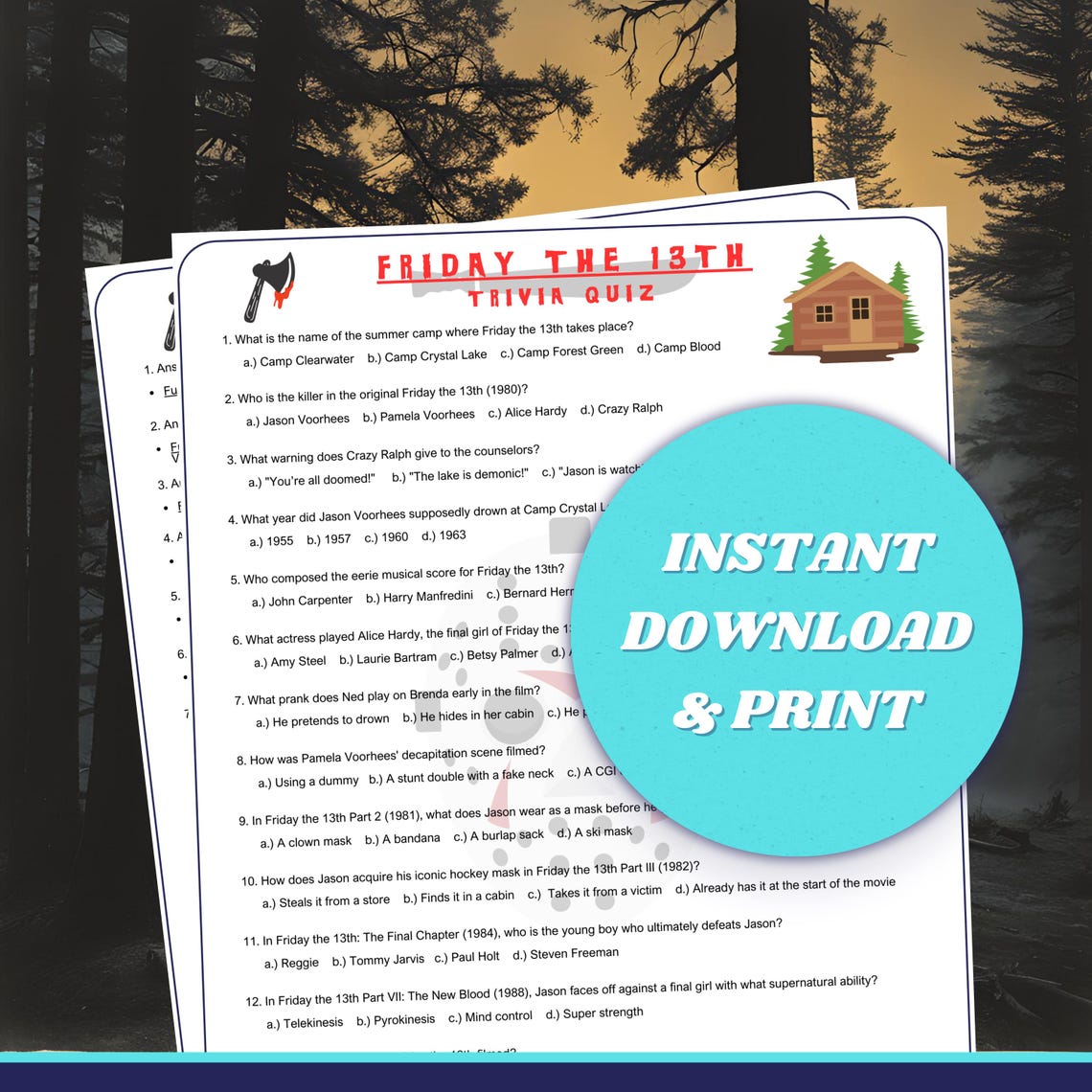 Friday the 13th Trivia Quiz Printable Trivia Game, Horror Movie Party