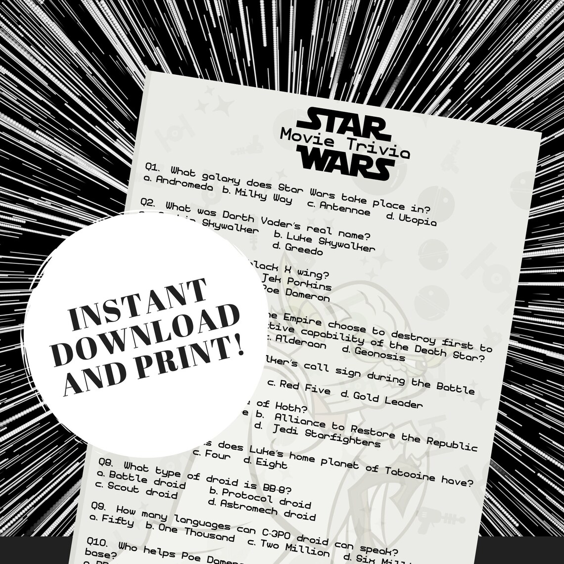 Star Wars Movie Trivia Quiz W/ Answers Printable Trivia Game, Star Wars ...