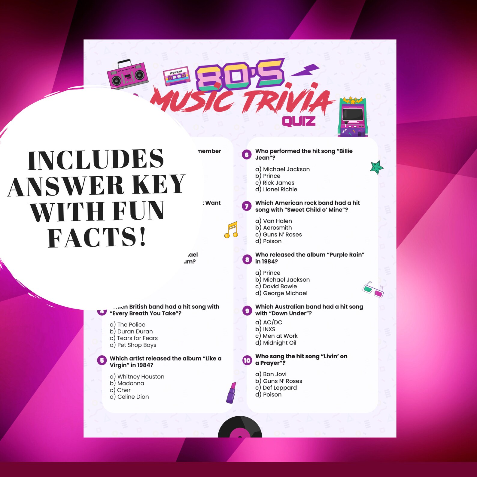 80s Music Trivia Quiz W/ Answers Printable Trivia Game, 80s Party Game ...