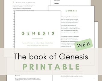 May include: A printable study guide for the book of Genesis in the World English Bible translation. The title "The book of Genesis" is in large green letters on a white background. The text "Genesis" is in large black letters on a white background. The text "WEB" is in white letters on a green background.