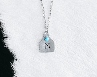 Tiny Turquoise Cattle Tag Initial Necklace - Handstamped Western Necklace, Country, Rodeo, Boho, Cowgirl