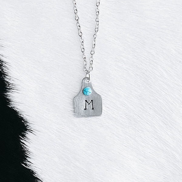 Tiny Turquoise Cattle Tag Initial Necklace - Handstamped Western Necklace, Country, Rodeo, Boho, Cowgirl