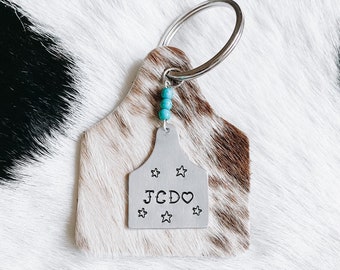 Initials Cowhide Keychain - Western Handstamped Metal Keychain, Cattle Tag, Cow Tag, Western, Rodeo, Cowboy, Cowgirl, Country