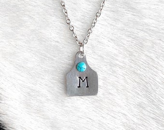 Tiny Turquoise Cattle Tag Initial Necklace - Handstamped Western Necklace, Country, Rodeo, Boho, Cowgirl