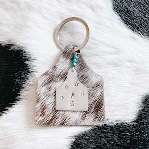 Initial Cowhide Keychain - Western Handstamped Metal Keychain, Cattle Tag, Cow Tag, Western, Rodeo, Cowboy, Cowgirl, Country