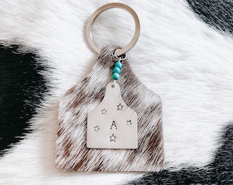 Initial Cowhide Keychain - Western Handstamped Metal Keychain, Cattle Tag, Cow Tag, Western, Rodeo, Cowboy, Cowgirl, Country