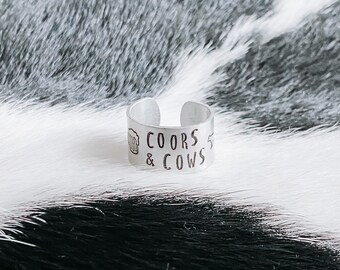 Coors & Cows Ring - Western Handstamped Metal Ring, Country, Boho, Cowgirl, Beer, Rodeo, Cows