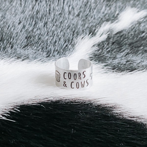 Coors & Cows Ring - Western Handstamped Metal Ring, Country, Boho, Cowgirl, Beer, Rodeo, Cows