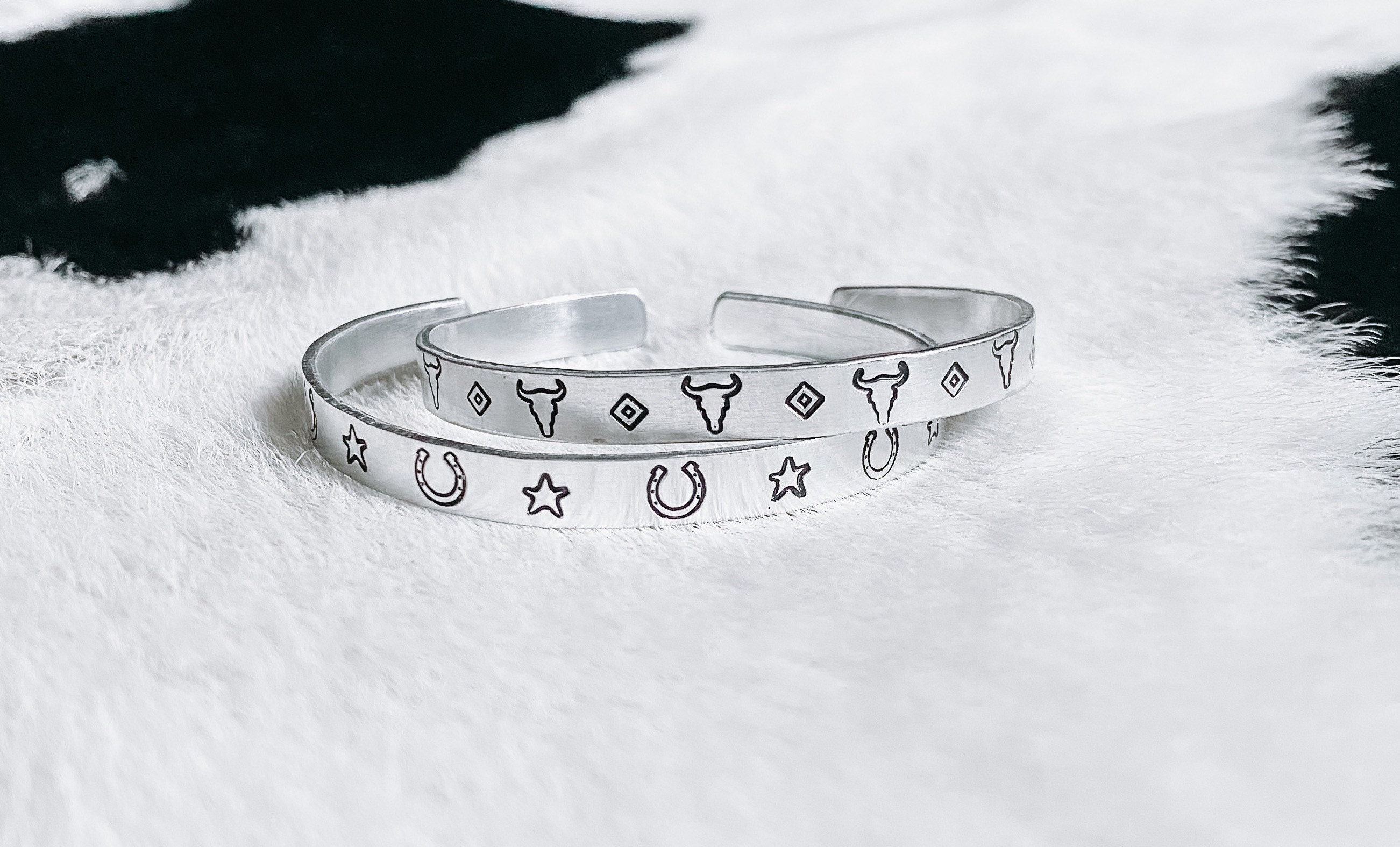 Mini Cow Skulls & Horseshoes Western Hand Stamped Metal Cuff Bracelet